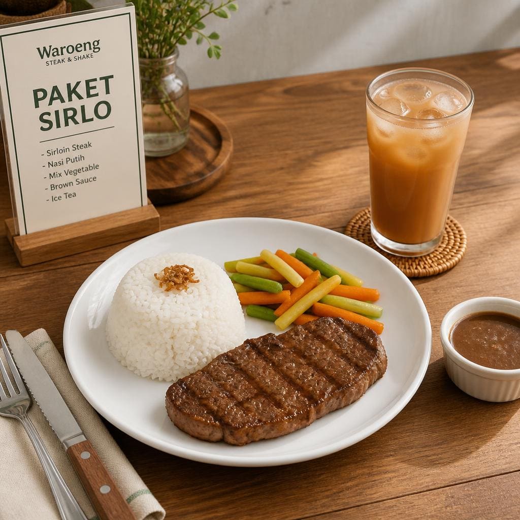 Paket Sirlo dengan steak sirloin, nasi, mix vegetable, brown sauce, dan tea